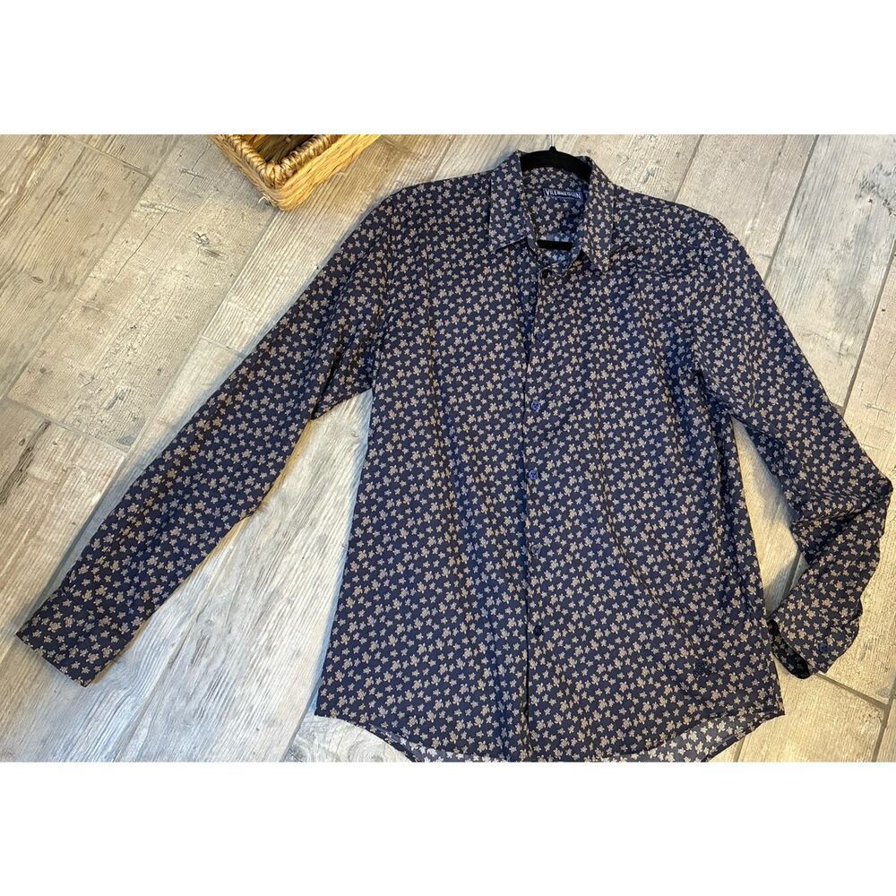 Vilebrequin Men’s L Cotton Voile Long Sleeve Button Down Navy Micro Turtle Print